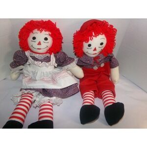 Vintage Raggedy Ann and Andy Plush Doll Set Red Yarn Hair Floral Outfits 16 inch